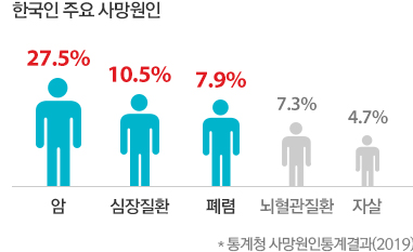 한국인 주요 사망원인 27.8% 암, 10.6% 심장질환, 8.3% 뇌혈관질환, 5.9% 폐렴, 4.7% 자살(통계청 사망원인통계결과 2016)